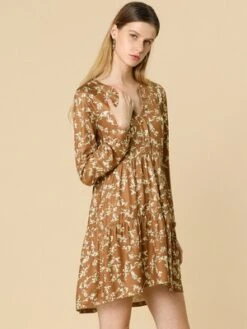 Allegra K Women's Spring Floral Long Sleeves V Neck Casual Babydoll Tiered Dress
