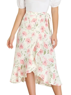 Allegra K Women's Floral Asymmetrical Ruffle Tie Waist Midi Wrap Skirts - Image 6