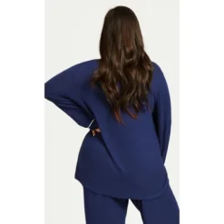 Women's Plus Size Hacci Button Plain Top - Navy | AVENUE