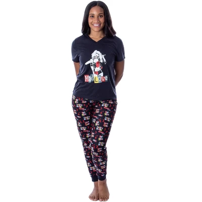 DC Comics Womans' Harley Quinn Mad Love 2 Piece Pajama Set Jogger Black - Image 4