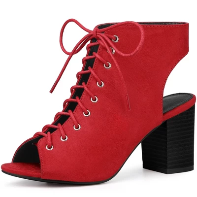 Perphy Women's Lace Up Peep Toe Slingback Heel Chunky Heels Ankle Boots - Image 8