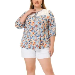 Agnes Orinda Women's Plus Size Floral Printed Lace Panel Self Tie Neck 3/4 Sleeves Summer Tops