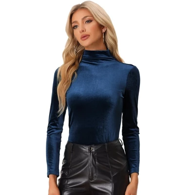 Allegra K Women's Turtleneck Velvet Long Sleeve Work Basic Velour Blouse - Image 11