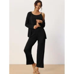 Cheibear Womens Modal Knit Soft Long Sleeve Cardigan Cami And Pants Pajama Set 3 Pcs