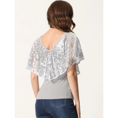 Allegra K Women's Sequin Overlay Sparkly Cold Shoulder Glitter Cocktail Party Blouse - Image 3