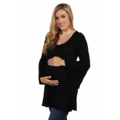 24seven Comfort Apparel Long Bell Sleeve Flared Maternity Tunic Top