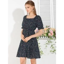 Allegra K Women's Square Neck Elastic Waist Frill Trim Flowy Floral Puff Sleeve Dress