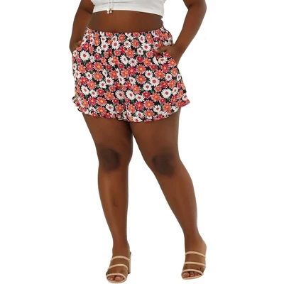 Agnes Orinda Women's Plus Summer Floral Elastic Waist Casual Shorts - Image 2