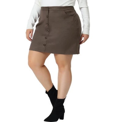 Agnes Orinda Women's Plus Size Faux Suede Button Up High Waist Mini Skirts With Pockets - Image 5