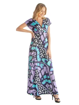 Womens Butterfly Pattern Empire Waisted V-Neckline Cap Sleeves Maxi Dress