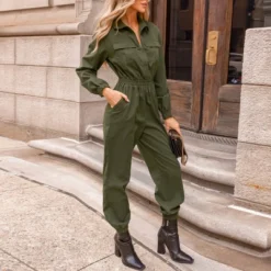 Women's Olive Collared Long Sleeve Jumpsuit - Cupshe