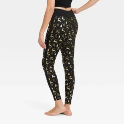 Women's Foil Print Reindeer Seamless Fleece Lined Leggings - Wondershop™ Black/Gold