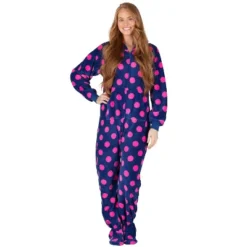 Footed Pajamas - Navy Pink Polka Adult Hoodie Chenille Onesie