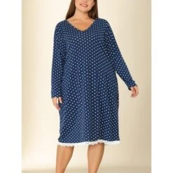 Agnes Orinda Women's Plus Size Polka Dots Lace Long Sleeve Nightgown