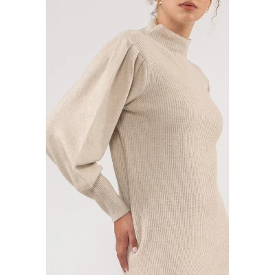 August Sky Women's Heather Mock Neck Balloon Sleeve Sweater Dress - Image 3