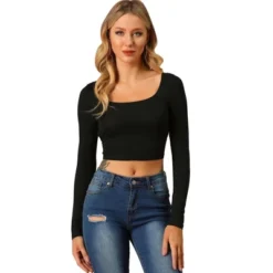 Allegra K Women's Slim Fit Criss Cross Tie Back Scoop Neck Long Sleeve Crop Top