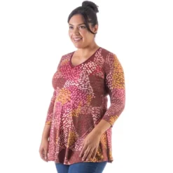 Womens Plus Size Red Print V Neck Tunic Top