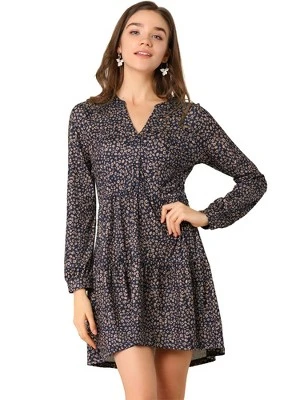 Allegra K Women's Spring Floral Long Sleeves V Neck Casual Babydoll Tiered Dress - Image 7