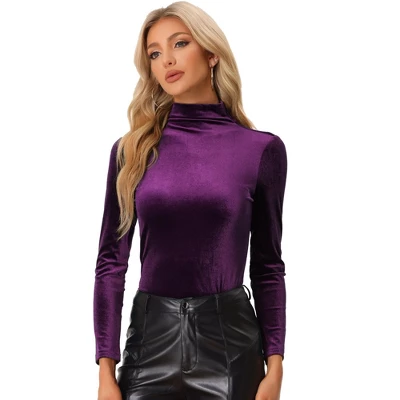 Allegra K Women's Turtleneck Velvet Long Sleeve Work Basic Velour Blouse - Image 13