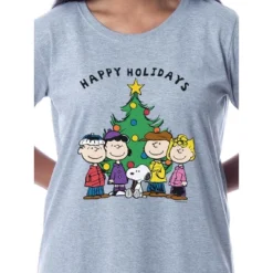 Peanuts Womens' Happy Holidays Christmas Nightgown Sleep Pajama Shirt Grey