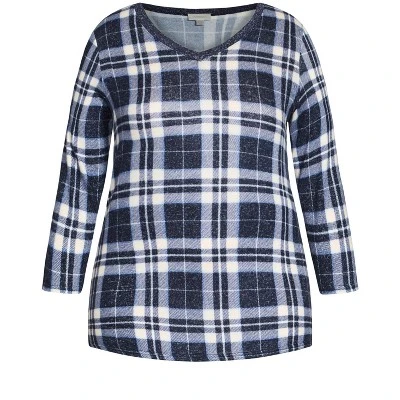 Women's Plus Size Hacci V Neck Check Top - Navy | AVENUE - Image 2