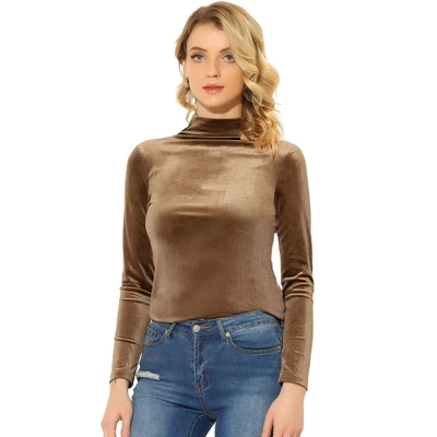 Allegra K Women's Turtleneck Velvet Long Sleeve Work Basic Velour Blouse - Image 8