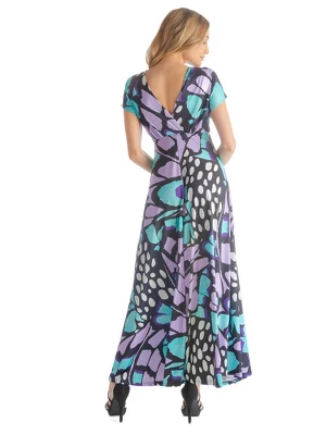 Womens Butterfly Pattern Empire Waisted V-Neckline Cap Sleeves Maxi Dress - Image 2