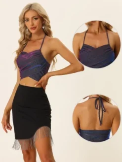 Allegra K Open Back Glitter Tops For Women's Sleeveless Crossover Backless Glitter Halter Top