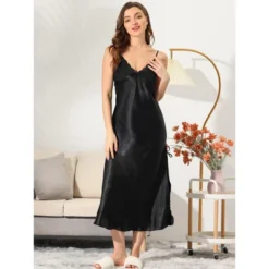 Cheibear Womens Pajama Dress Spaghetti Strap Nightdress Cami Lounge Satin Nightgowns