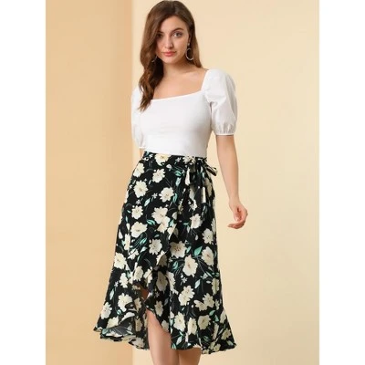 Allegra K Women's Floral Asymmetrical Ruffle Tie Waist Midi Wrap Skirts - Image 3