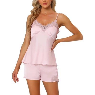 Cheibear Womens Satin Lounge Lace Trim Cami Tops With Shorts Sleepwear Pajamas Sets - Image 5