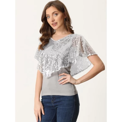 Allegra K Women's Sequin Overlay Sparkly Cold Shoulder Glitter Cocktail Party Blouse - Image 2