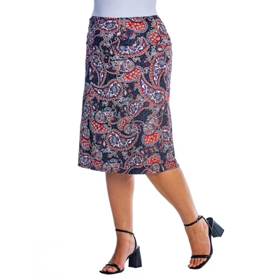 Womens Plus Size Grey Paisley Elastic Waist Knee Length Skirt