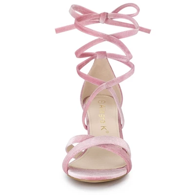 Allegra K Women's Velvet Lace Up Clear Heels Block Heel Sandals - Image 2