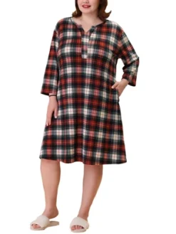 Agnes Orinda Women's Plus Size Plaid V Neck Lounge Sleep Dress Nightgowns