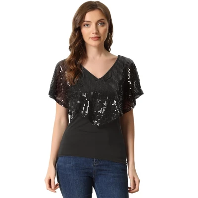 Allegra K Women's Sequin Overlay Sparkly Cold Shoulder Glitter Cocktail Party Blouse - Image 6