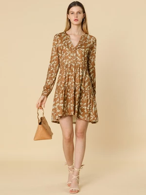 Allegra K Women's Spring Floral Long Sleeves V Neck Casual Babydoll Tiered Dress - Image 2