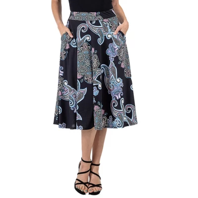 24seven Comfort Apparel Womens Black Paisley A Line Midi Skirt With Pockets - Image 4