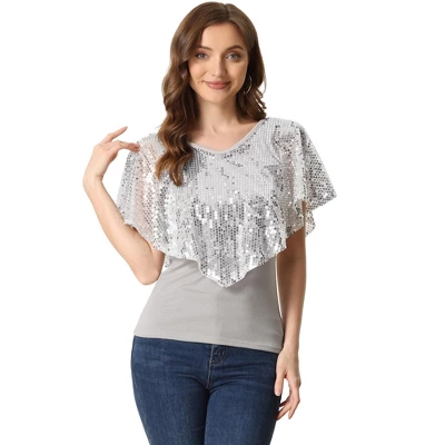 Allegra K Women's Sequin Overlay Sparkly Cold Shoulder Glitter Cocktail Party Blouse - Image 5