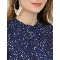 Allegra K Women's Dots Print Blouses Ruffle Short Sleeve Button Up Blouse Shirts