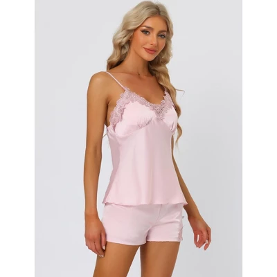 Cheibear Womens Satin Lounge Lace Trim Cami Tops With Shorts Sleepwear Pajamas Sets