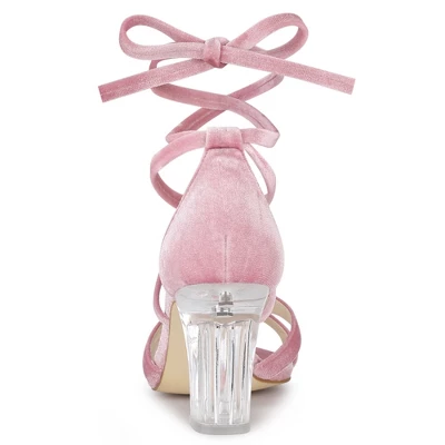 Allegra K Women's Velvet Lace Up Clear Heels Block Heel Sandals - Image 3