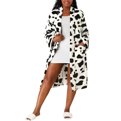 Agnes Orinda Women's Plus Size Flannel Cow Print Self Tie Waist Mid-Length Robe - Image 6