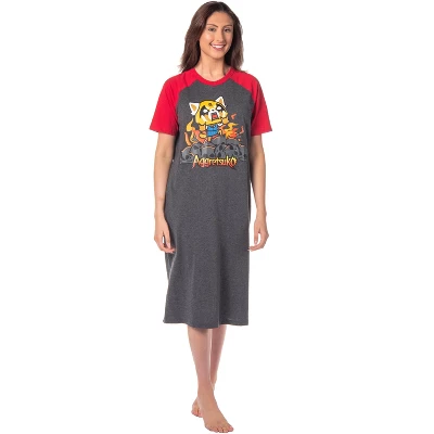 Aggretsuko Womens' Raging On Skulls Pajama Sleep Shirt Raglan Nightgown - Image 3