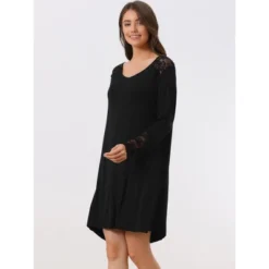 Cheibear Women's Lace Trim Long Sleeves Pull-on Nightshirt Dress
