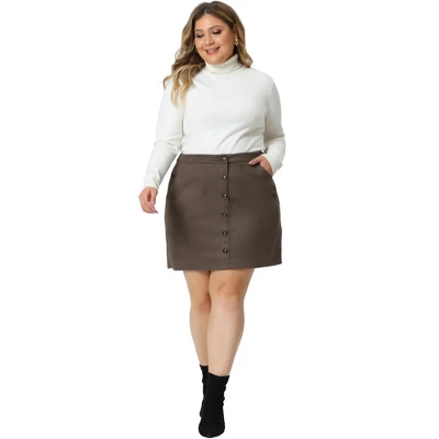 Agnes Orinda Women's Plus Size Faux Suede Button Up High Waist Mini Skirts With Pockets - Image 2