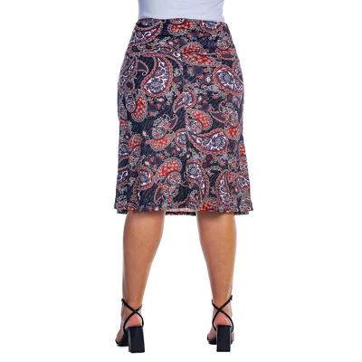 Womens Plus Size Grey Paisley Elastic Waist Knee Length Skirt - Image 2