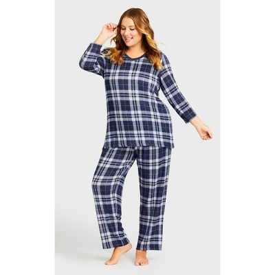 Women's Plus Size Hacci V Neck Check Top - Navy | AVENUE - Image 3