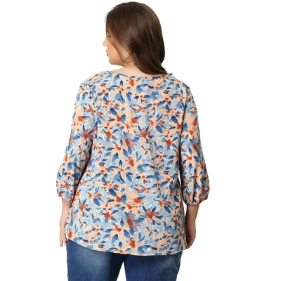 Agnes Orinda Women's Plus Size Floral Printed Lace Panel Self Tie Neck 3/4 Sleeves Summer Tops - Image 4