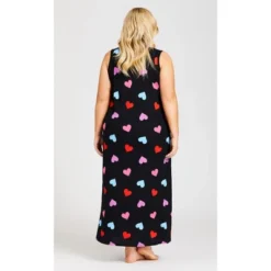Women's Plus Size Heart Print Maxi Sleep Dress - Black | AVENUE